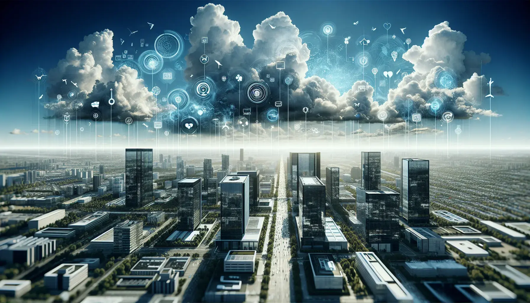 Aerial view of Amazon's headquarters with expansive cloud formations, symbolizing growth and technology.