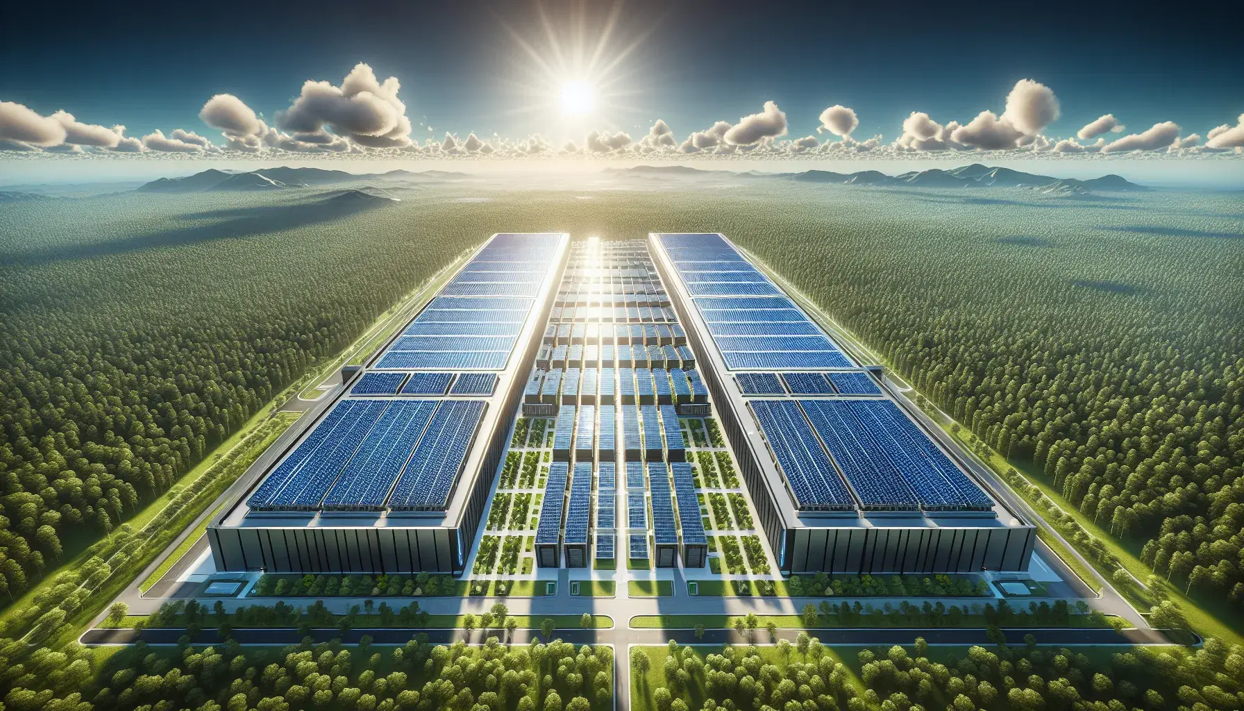 Aerial view of an Amazon data center with advanced technology and greenery surrounding it.